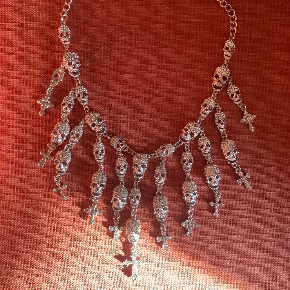 Silver Rhinestone Skull & Cross Choker Necklace